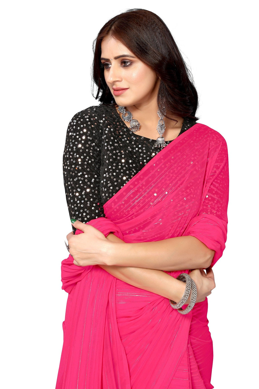 Vamika Georgette Sequence Work Hot Pink Bollywood Style Saree