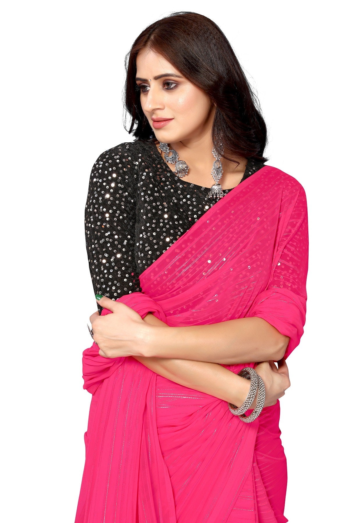 Vamika Georgette Sequence Work Hot Pink Bollywood Style Saree