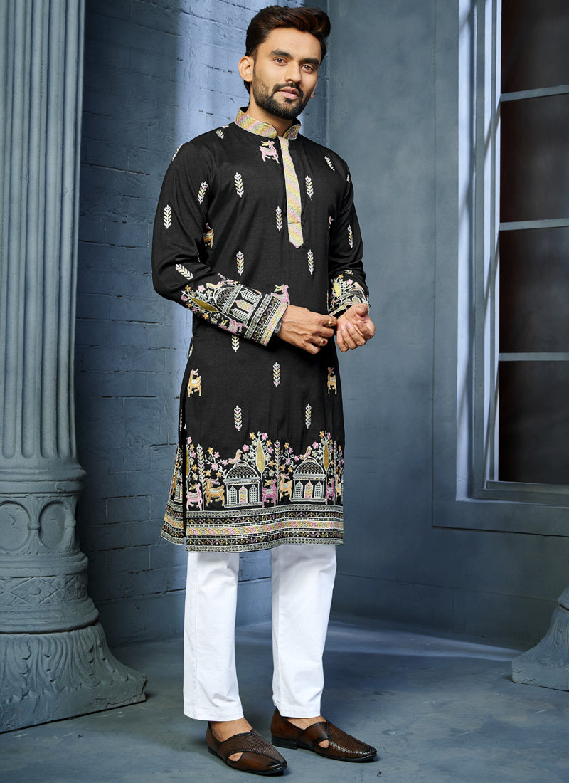 Prazu Fashion Black Soft Silk Multi Thread Embroidery Deer Pattern Daaman Concept Kurta