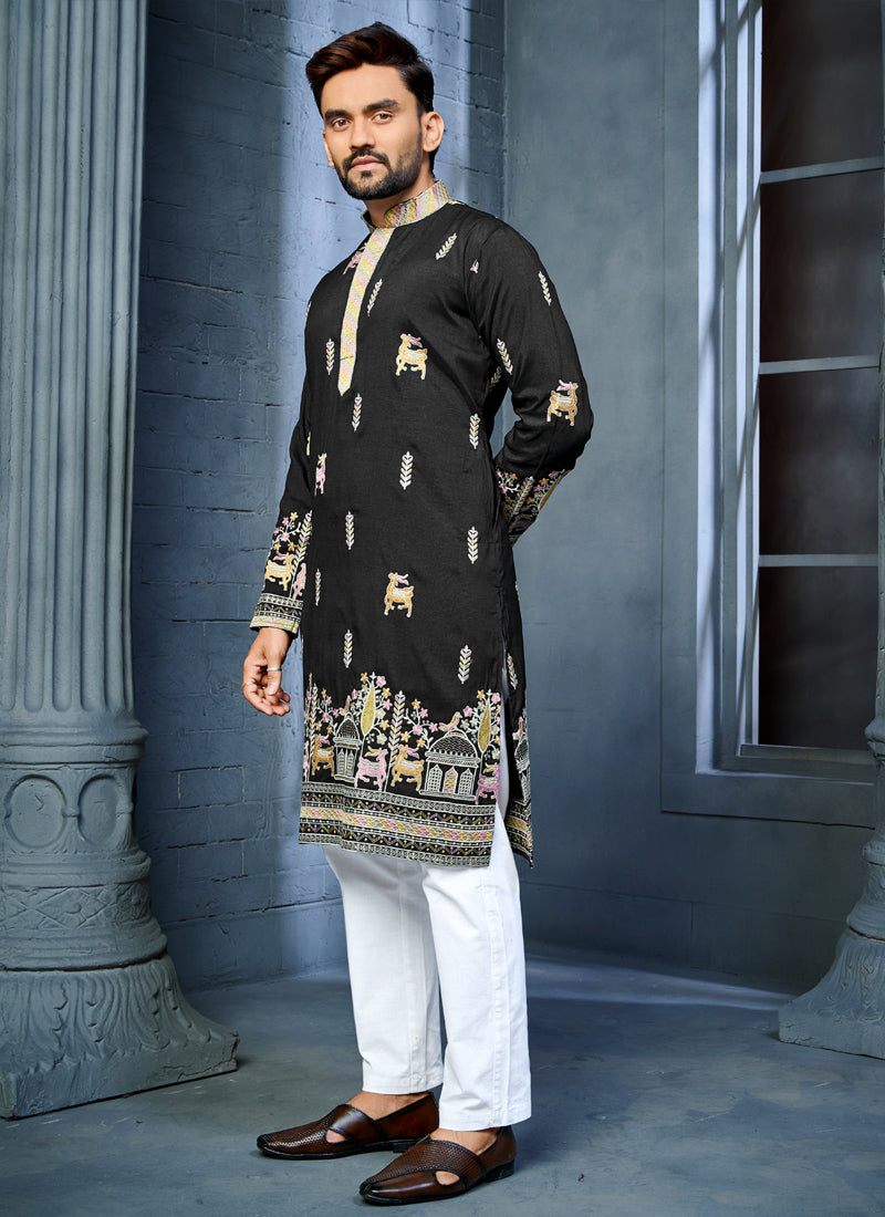 Prazu Fashion Black Soft Silk Multi Thread Embroidery Deer Pattern Daaman Concept Kurta