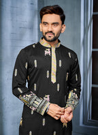 Prazu Fashion Black Soft Silk Multi Thread Embroidery Deer Pattern Daaman Concept Kurta