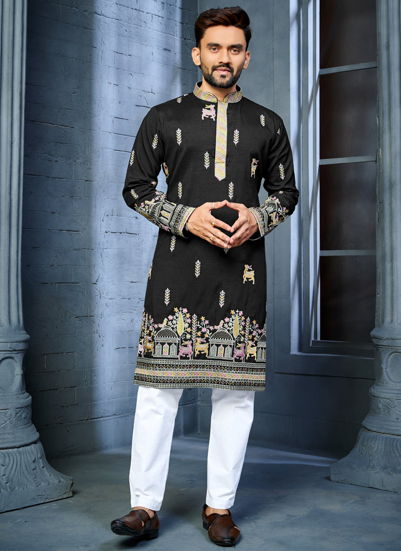 Prazu Fashion Black Soft Silk Multi Thread Embroidery Deer Pattern Daaman Concept Kurta
