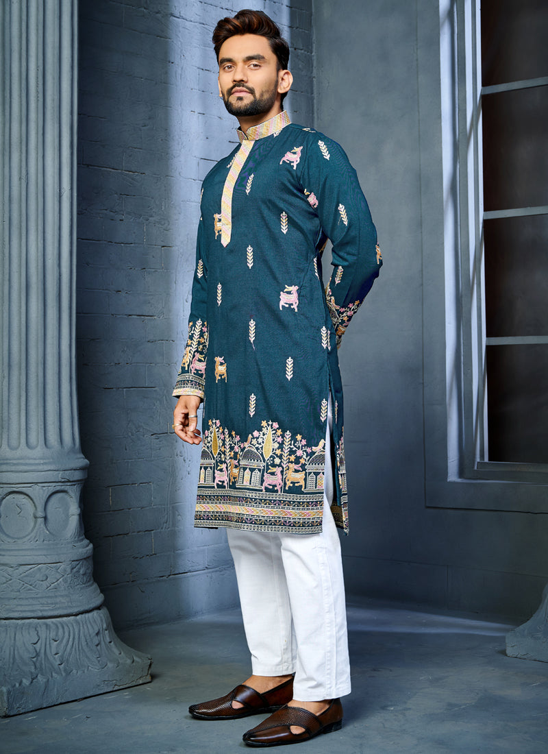 Prazu Fashion Blue Soft Silk Multi Thread Embroidery Deer Pattern Daaman Concept Kurta