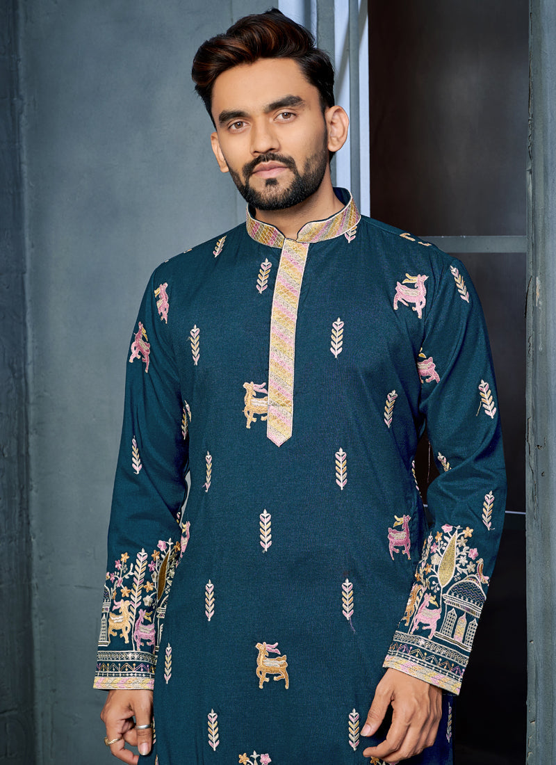 Prazu Fashion Blue Soft Silk Multi Thread Embroidery Deer Pattern Daaman Concept Kurta
