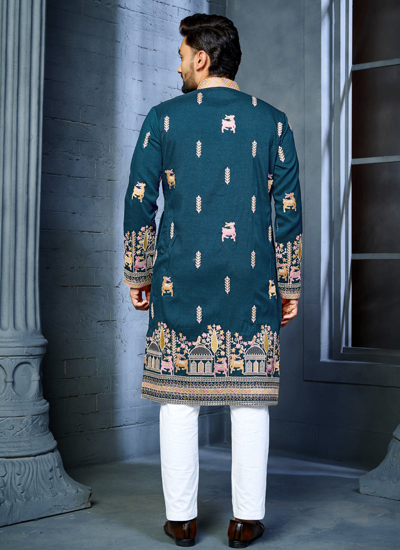 Prazu Fashion Blue Soft Silk Multi Thread Embroidery Deer Pattern Daaman Concept Kurta