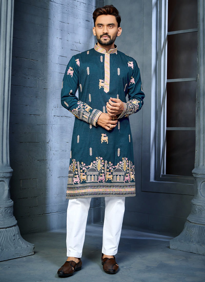 Prazu Fashion Blue Soft Silk Multi Thread Embroidery Deer Pattern Daaman Concept Kurta
