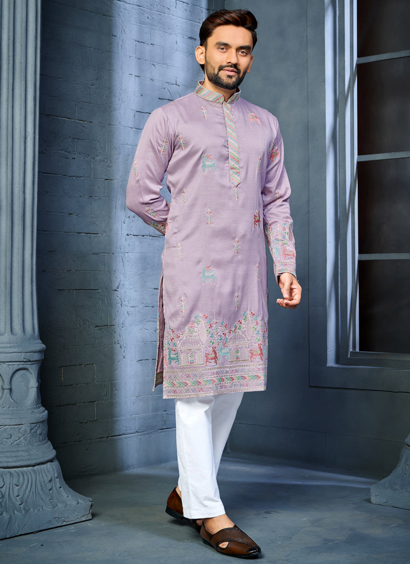 Prazu Fashion Lavender Soft Silk Multi Thread Embroidery Deer Pattern Daaman Concept Kurta