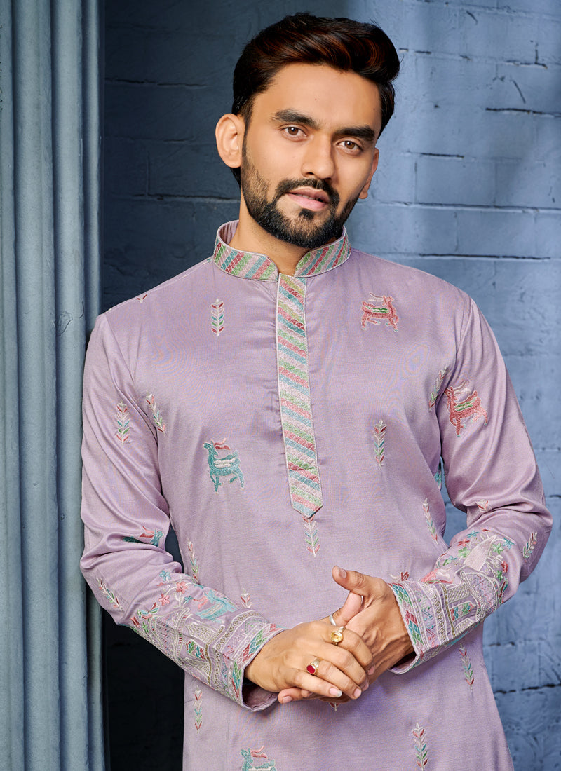 Prazu Fashion Lavender Soft Silk Multi Thread Embroidery Deer Pattern Daaman Concept Kurta