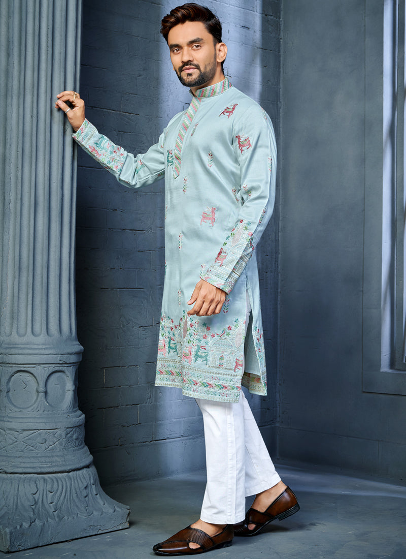 Prazu Fashion Light Sky Blue Soft Silk Multi Thread Embroidery Deer Pattern Daaman Concept Kurta