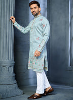 Prazu Fashion Light Sky Blue Soft Silk Multi Thread Embroidery Deer Pattern Daaman Concept Kurta