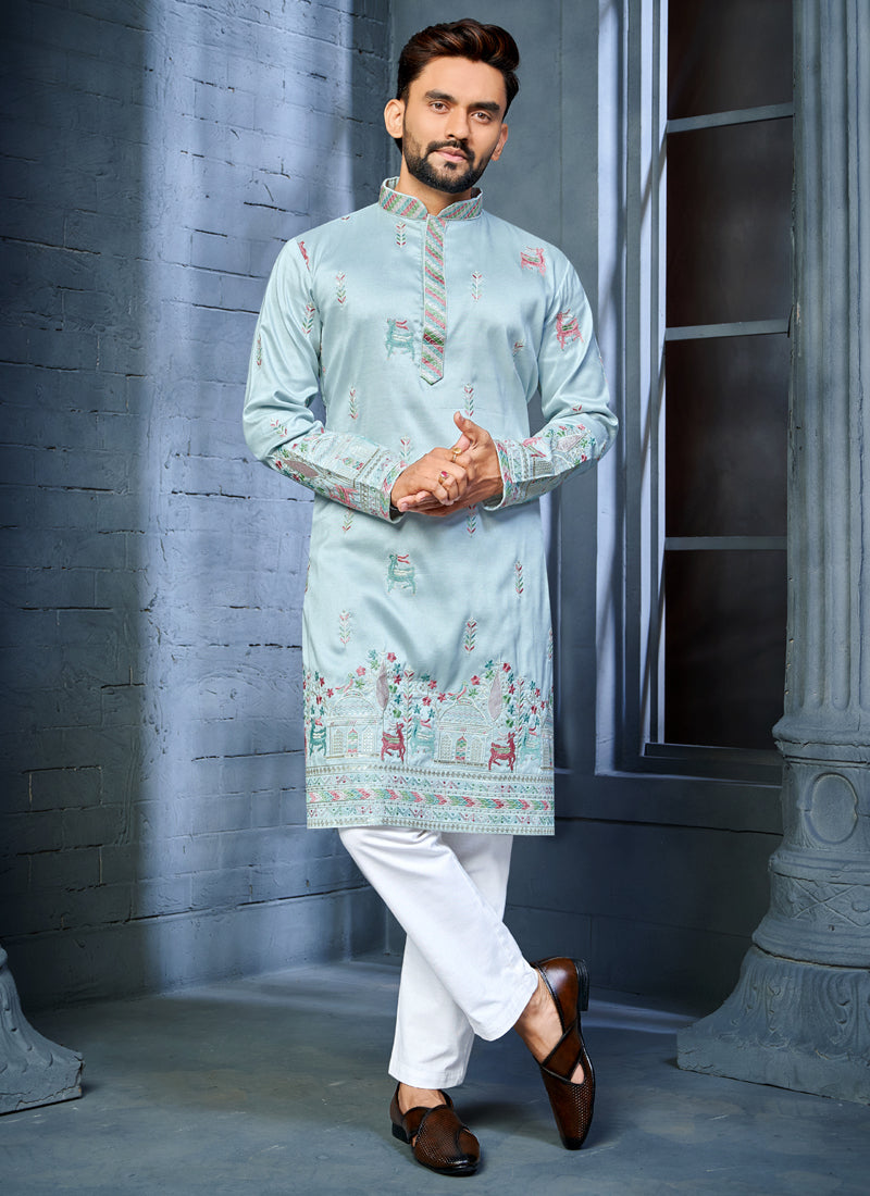 Prazu Fashion Light Sky Blue Soft Silk Multi Thread Embroidery Deer Pattern Daaman Concept Kurta