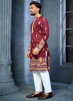 Prazu Fashion Maroon Soft Silk Multi Thread Embroidery Deer Pattern Daaman Concept Kurta
