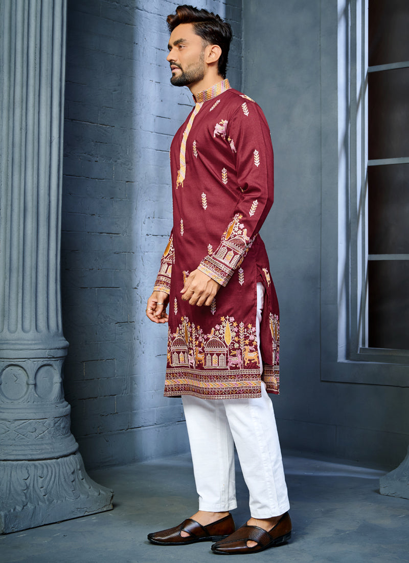 Prazu Fashion Maroon Soft Silk Multi Thread Embroidery Deer Pattern Daaman Concept Kurta