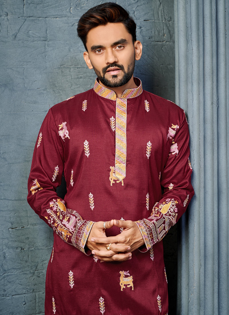 Prazu Fashion Maroon Soft Silk Multi Thread Embroidery Deer Pattern Daaman Concept Kurta