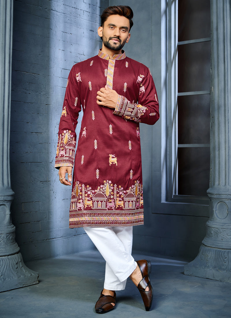 Prazu Fashion Maroon Soft Silk Multi Thread Embroidery Deer Pattern Daaman Concept Kurta