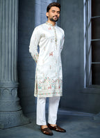 Prazu Fashion Off White Soft Silk Multi Thread Embroidery Deer Pattern Daaman Concept Kurta
