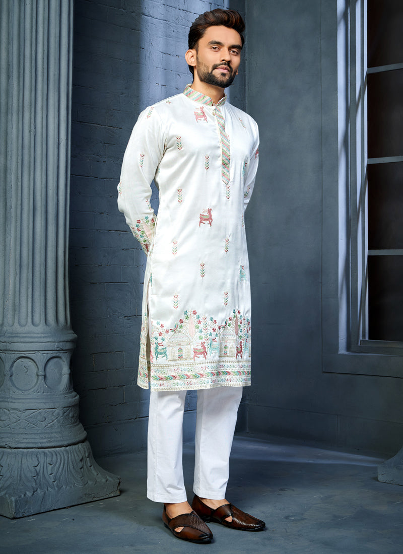 Prazu Fashion Off White Soft Silk Multi Thread Embroidery Deer Pattern Daaman Concept Kurta