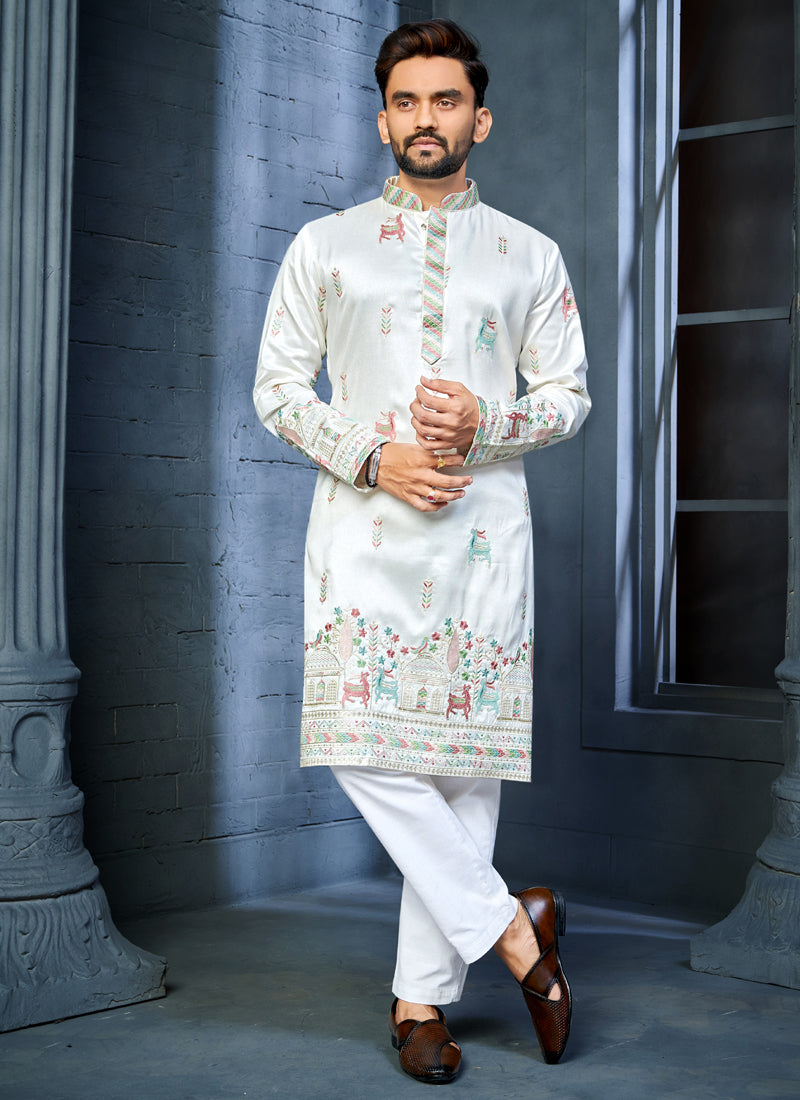 Prazu Fashion Off White Soft Silk Multi Thread Embroidery Deer Pattern Daaman Concept Kurta