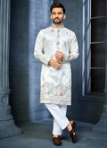 Prazu Fashion Off White Soft Silk Multi Thread Embroidery Deer Pattern Daaman Concept Kurta