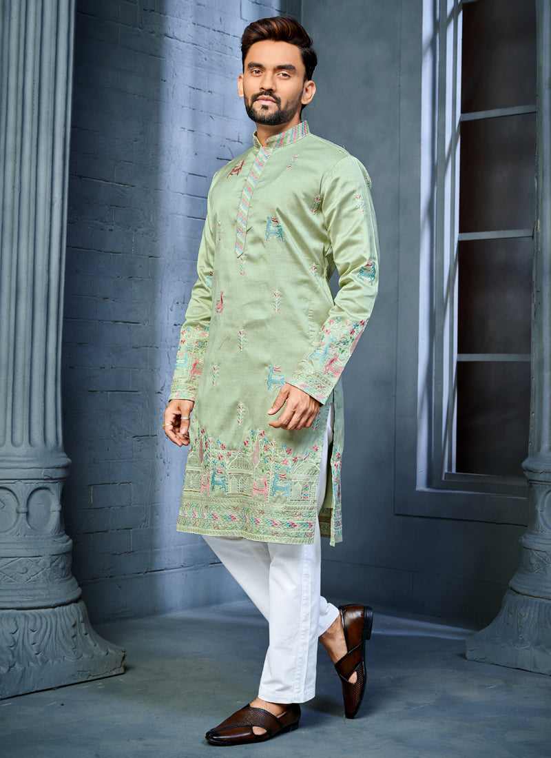 Prazu Fashion Pista Soft Silk Multi Thread Embroidery Deer Pattern Daaman Concept Kurta