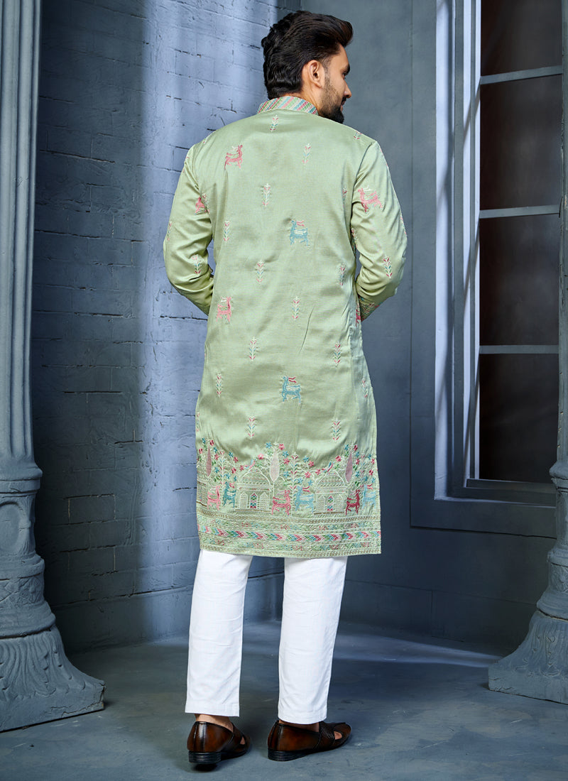 Prazu Fashion Pista Soft Silk Multi Thread Embroidery Deer Pattern Daaman Concept Kurta