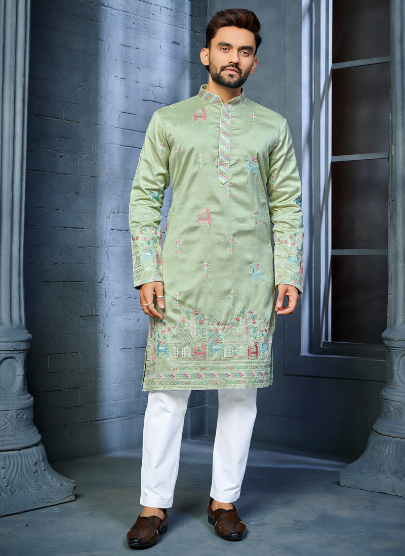 Prazu Fashion Pista Soft Silk Multi Thread Embroidery Deer Pattern Daaman Concept Kurta
