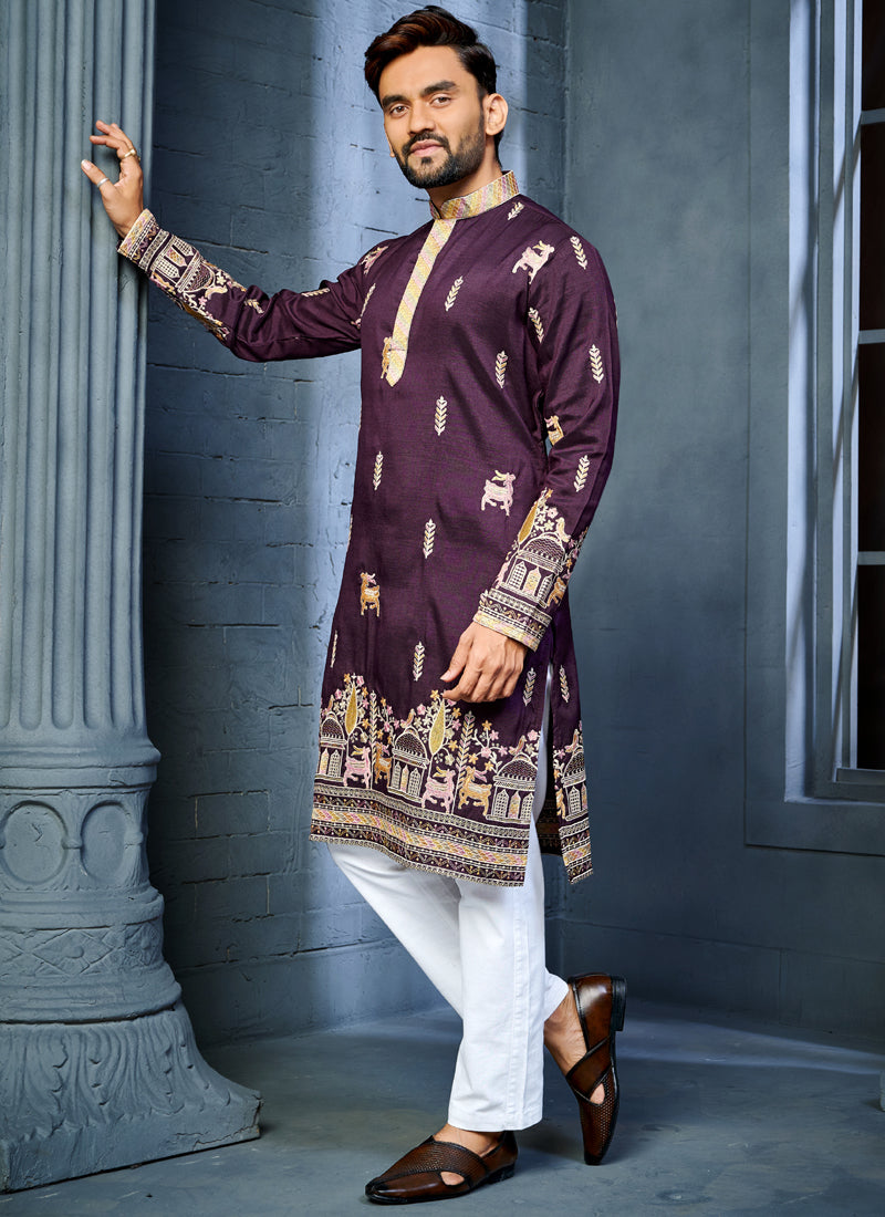 Prazu Fashion Purple Soft Silk Multi Thread Embroidery Deer Pattern Daaman Concept Kurta
