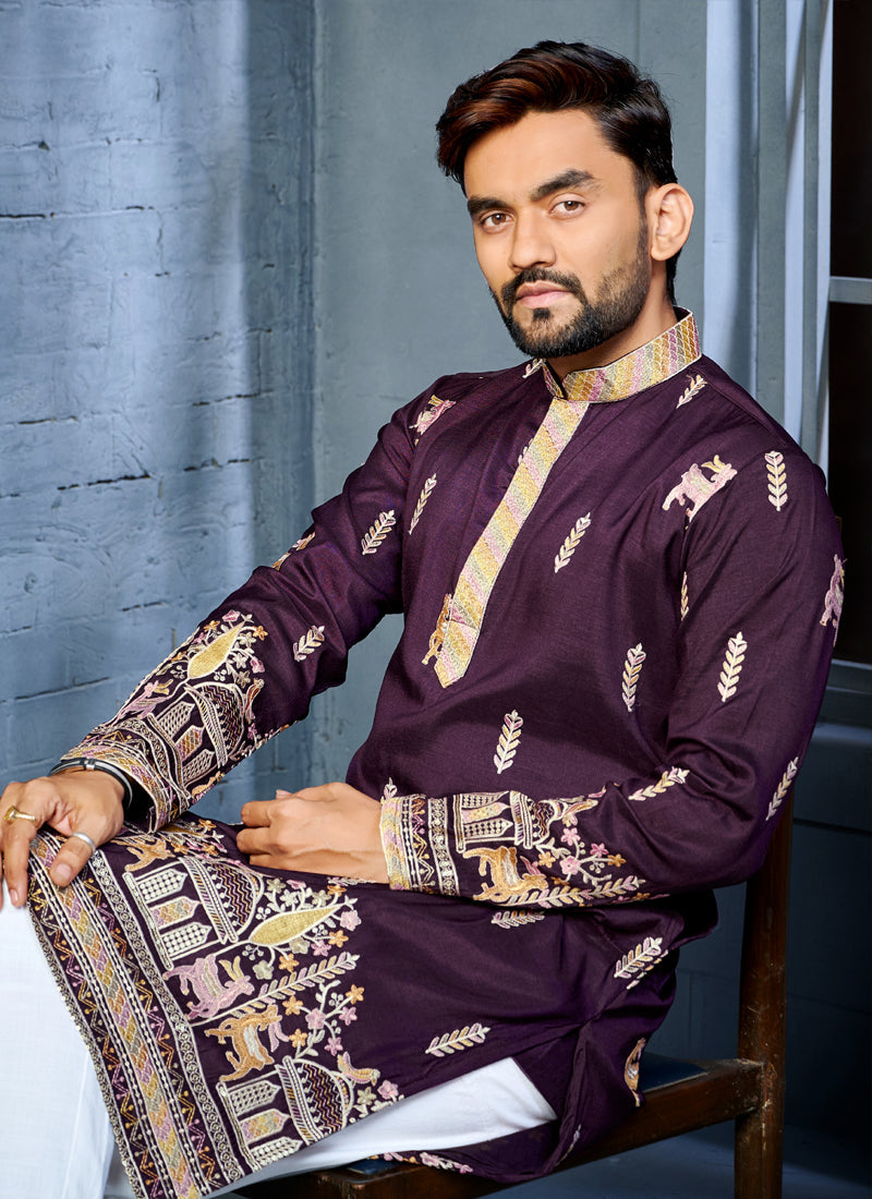 Prazu Fashion Purple Soft Silk Multi Thread Embroidery Deer Pattern Daaman Concept Kurta