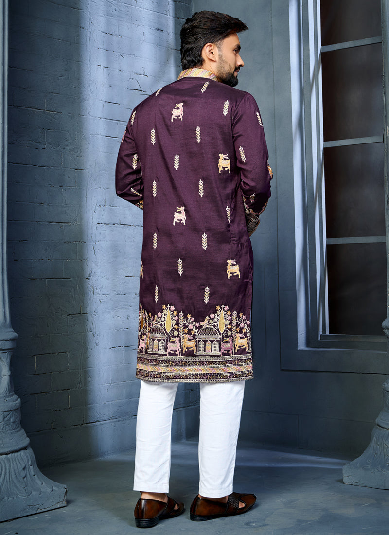 Prazu Fashion Purple Soft Silk Multi Thread Embroidery Deer Pattern Daaman Concept Kurta