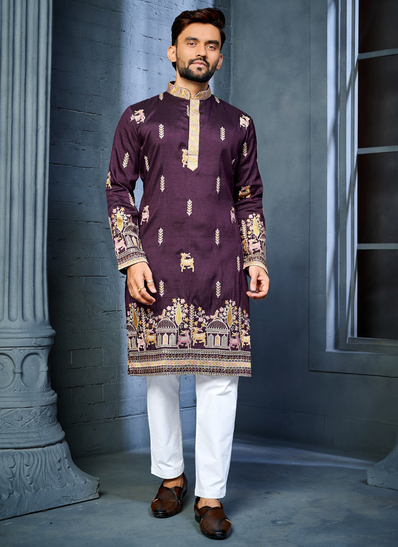 Prazu Fashion Purple Soft Silk Multi Thread Embroidery Deer Pattern Daaman Concept Kurta