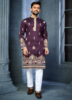 Prazu Fashion Purple Soft Silk Multi Thread Embroidery Deer Pattern Daaman Concept Kurta