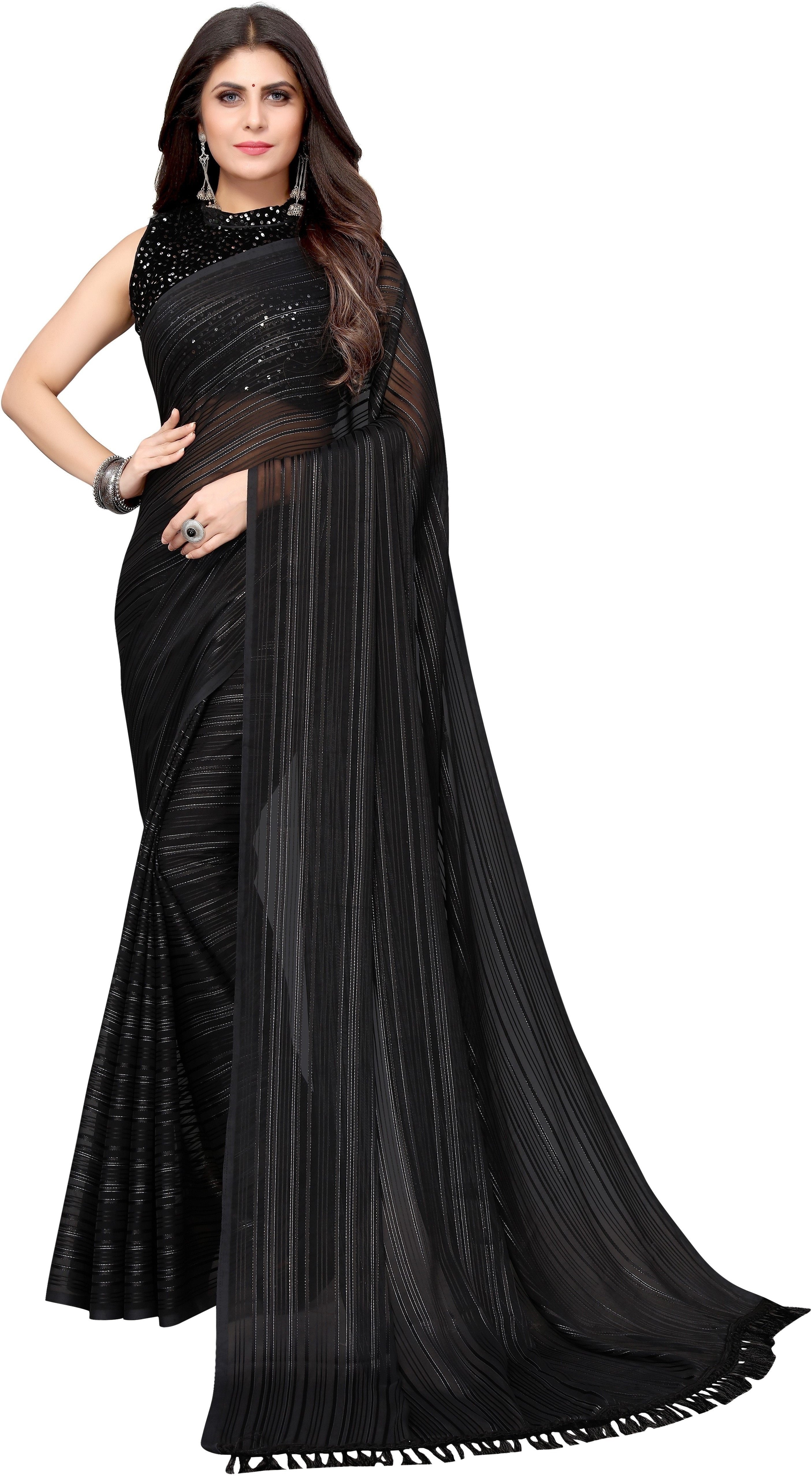 Vamika Georgette With Sequence Black Light Weight Trendy Look Bollywood Style Saree - Distacart
