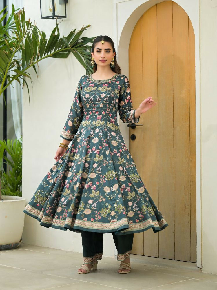 Functional Designer Green Jam Silk Anarkali suit with Dupatta-Anbazaar - Distacart