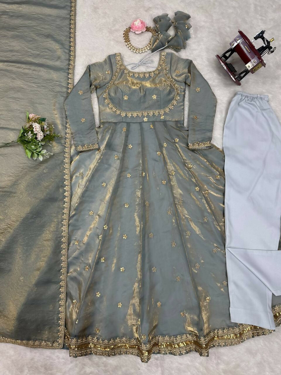 The52 Women's Beautiful Fandy Silk Fabric Embroidery Work Flared Anarkali Pant and Dupatta Set - Distacart
