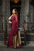 Very Much Indian VMI Exclusive Designer! Handloom Cotton Silk Saree With Sleek Golden Border - Maroon Shade - Distacart