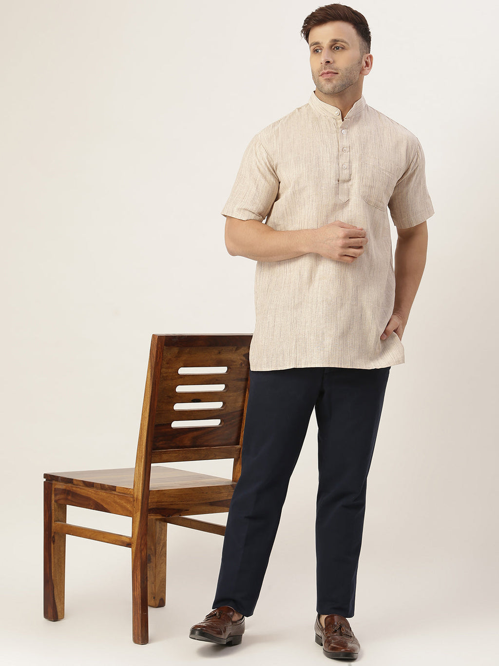 RIAG Men's Beige Cotton Long Ethnic Kurta - Distacart