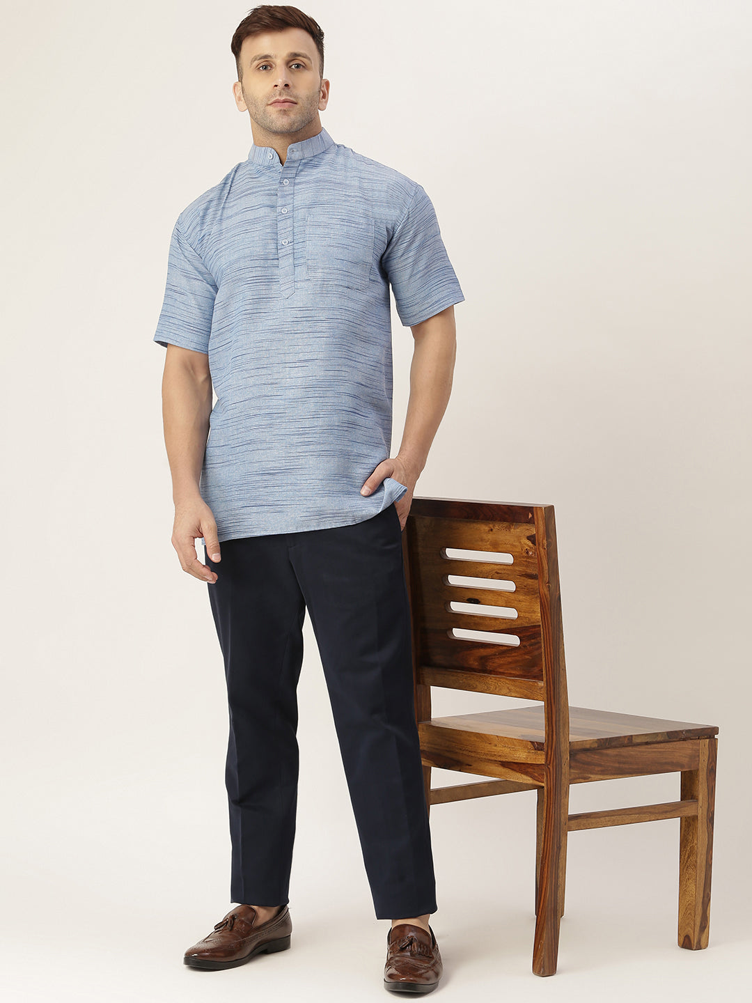 RIAG Men's Blue Cotton Long Ethnic Kurta - Distacart