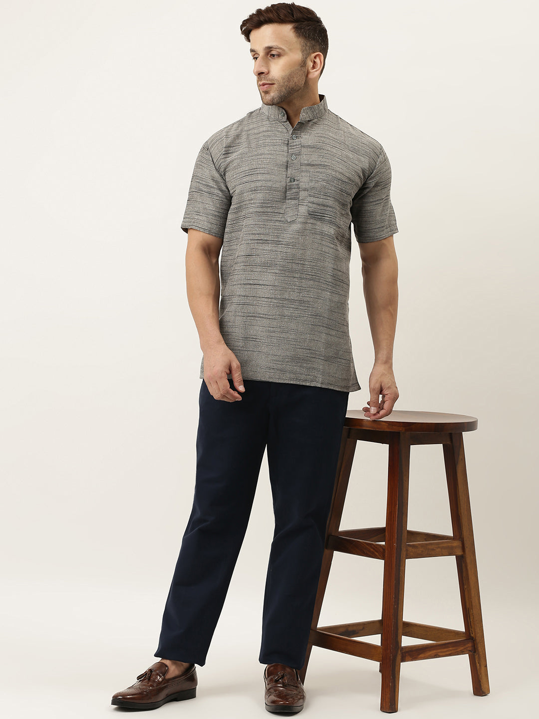 RIAG Men's Grey Cotton Long Ethnic Kurta - Distacart
