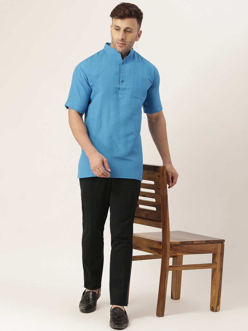 RIAG Men's Blue Cotton Short Ethnic Kurta - Distacart