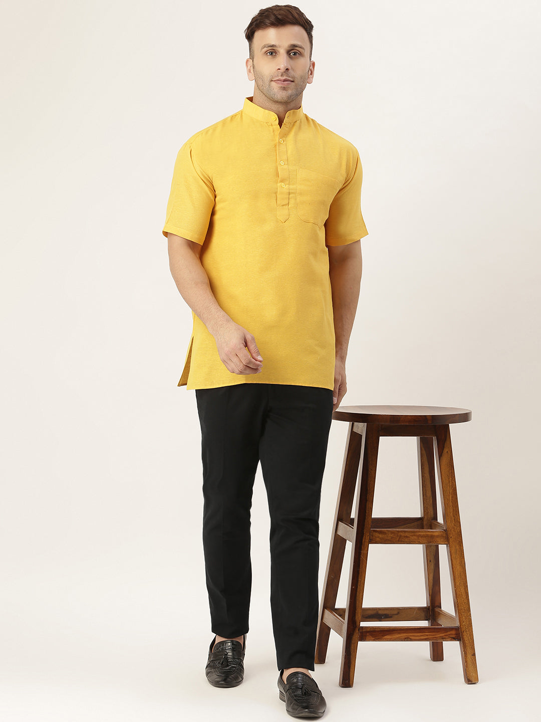 RIAG Men's Yellow Cotton Short Ethnic Kurta - Distacart