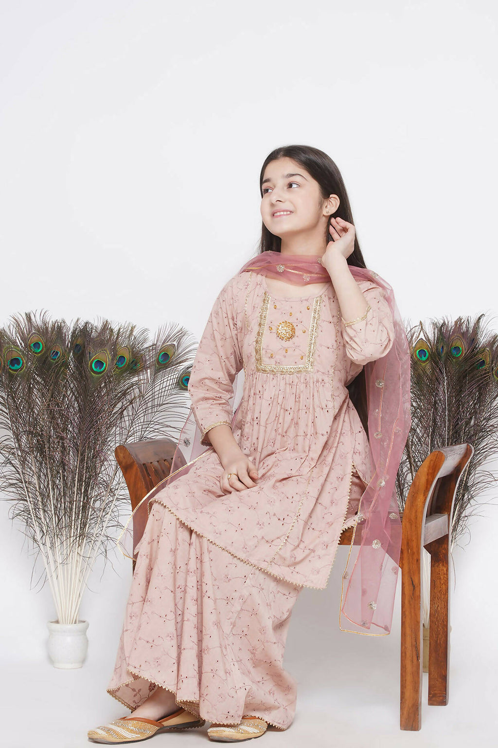Little Bansi Floral Shiffli Kurta With Plazzo And Dupatta - Brown