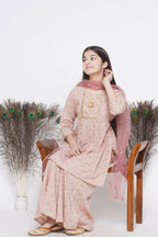 Little Bansi Floral Shiffli Kurta With Plazzo And Dupatta - Brown