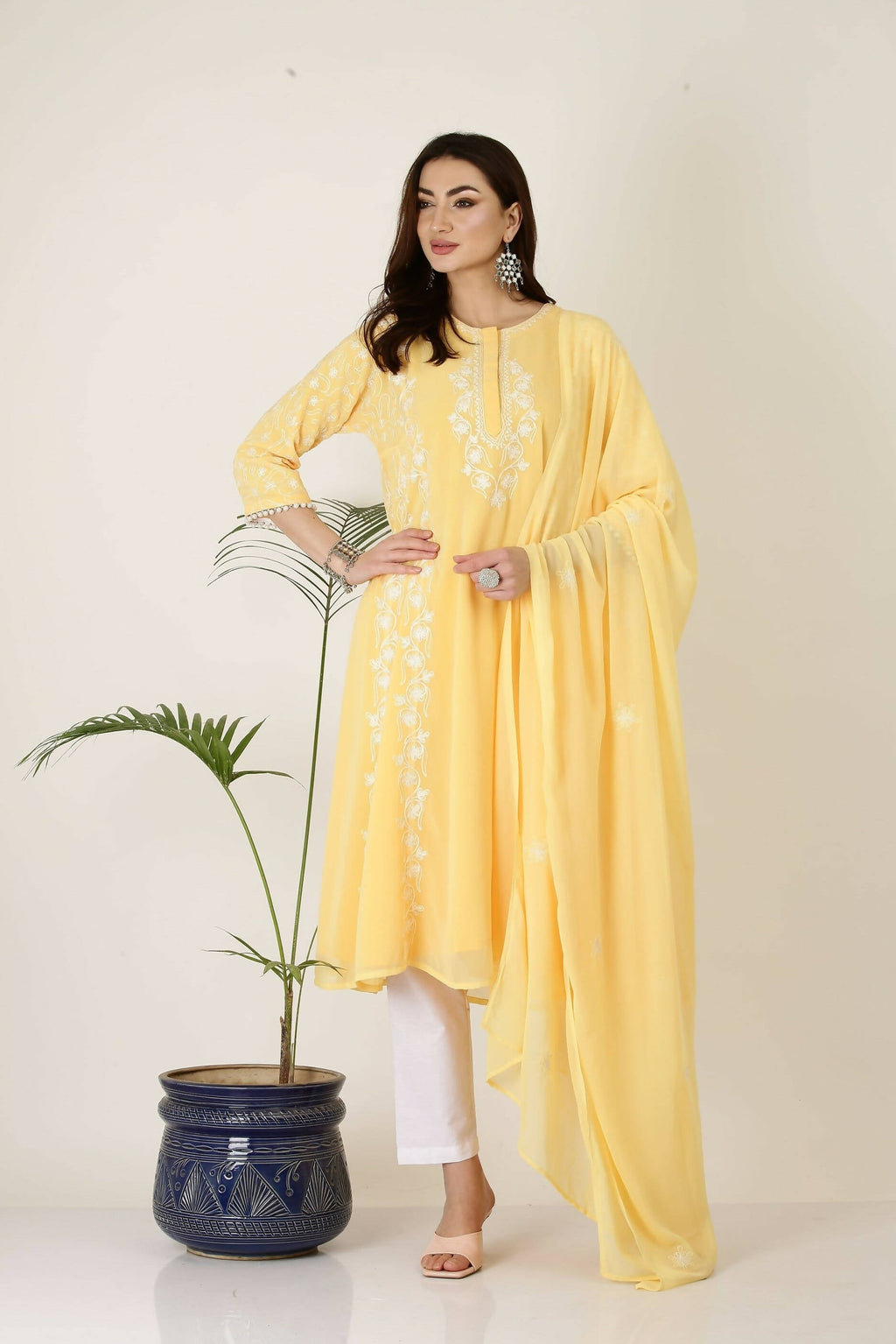 Joban Fashion Yellow&White Georgette Kurta Set - Distacart