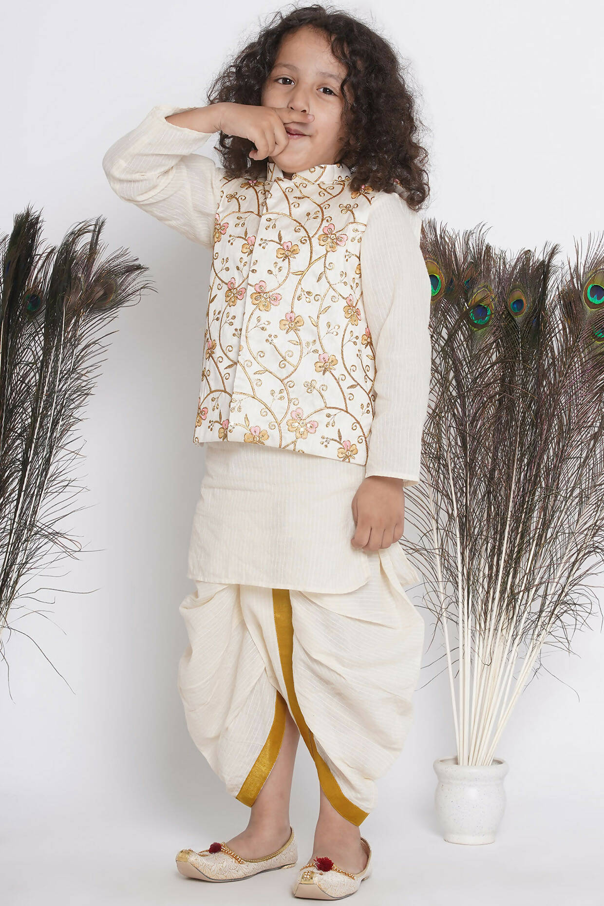 Little Bansi Banarsi Silk Orange Pink Floral Embroidery Jacket With Cotton Kantha kurta And Kantha Dhoti - Cream