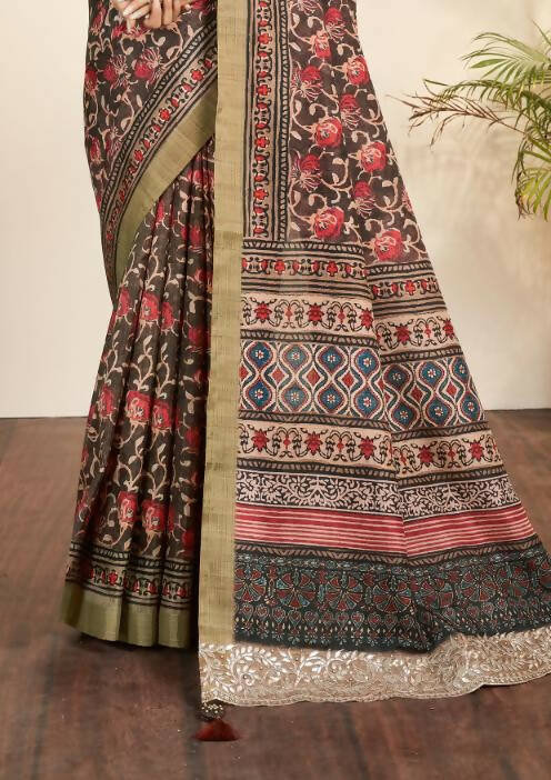 Brown Bhagalpuri Silk Floral Print with Hand work & Stone Work Border Saree - Norita Nirvi - Distacart