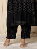Printed Cotton Anarkali Kurta With Pant & Dupatta, Black - Hiral Fashion - Distacart