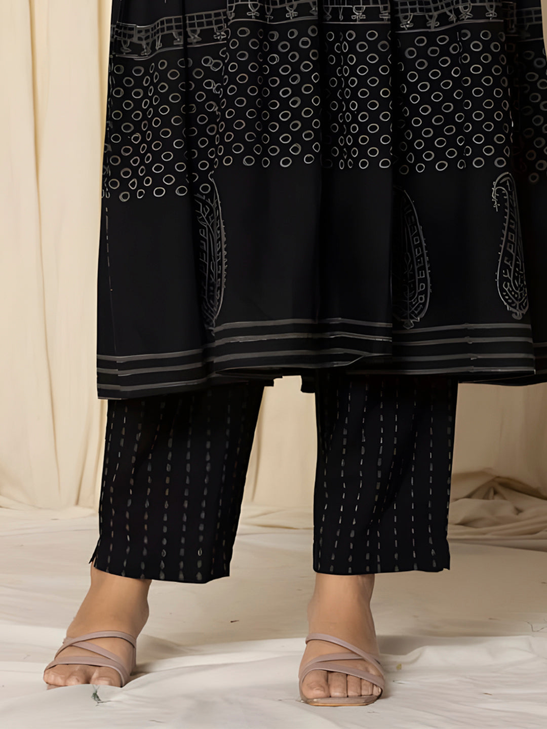 Printed Cotton Anarkali Kurta With Pant & Dupatta, Black - Hiral Fashion - Distacart