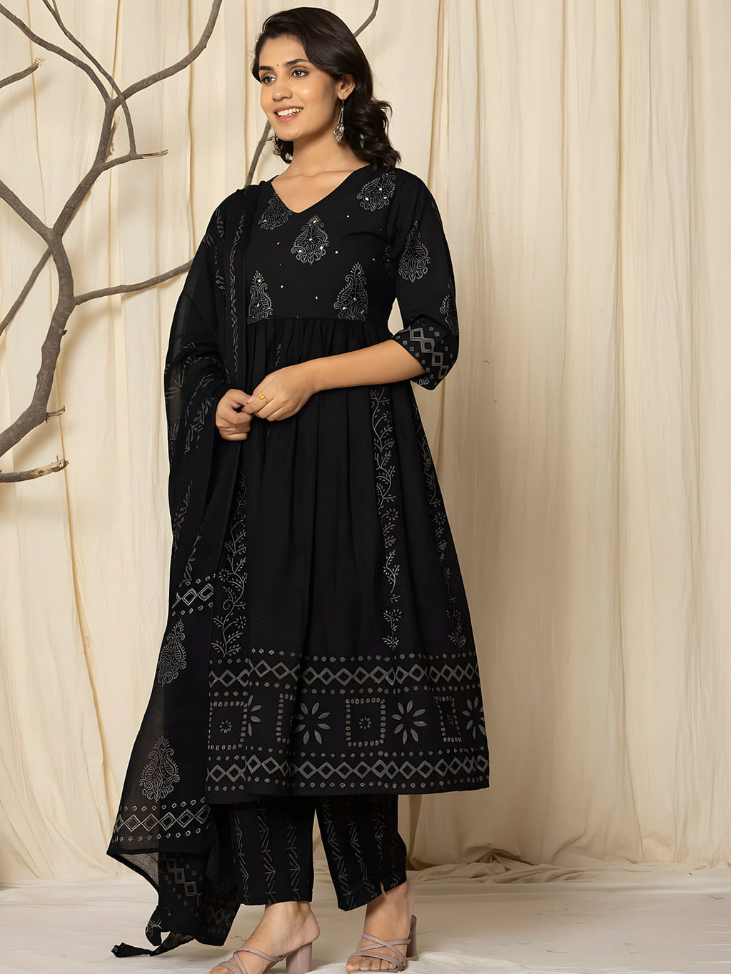 Printed Cotton Anarkali Kurta With Pant & Dupatta, Black - Hiral Fashion - Distacart