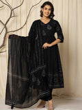 Printed Cotton Anarkali Kurta With Pant & Dupatta, Black - Hiral Fashion - Distacart