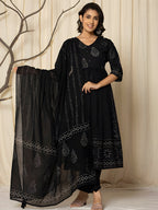 Printed Cotton Anarkali Kurta With Pant & Dupatta, Black - Hiral Fashion - Distacart